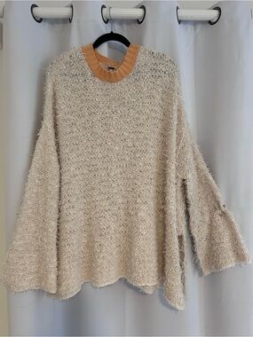 Free People Cream Fuzzy Crewneck Sweater with peach Ribbed Collar